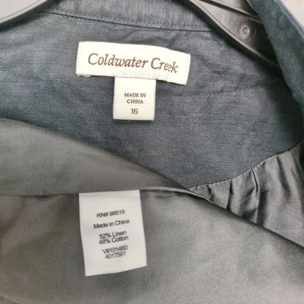 Coldwater Creek Black Linen Cotton Peacoat Jacket Women's 16 Snap Close Roll Tab